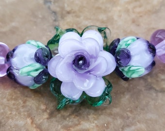 Glass Lampwork Beads, Lavender Roses, Flower Beads, Rose Bud Beads | SRA #346