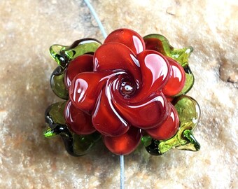 Lampwork Glass Bead, Red Rose, Flower Bead | SRA #354