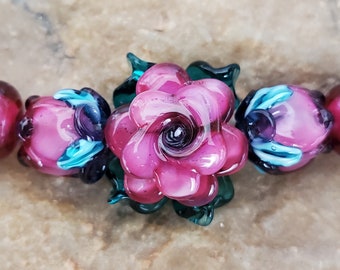 Glass Lampwork Beads, Pink Roses, Flower Beads, Rose Bud Beads | SRA #343