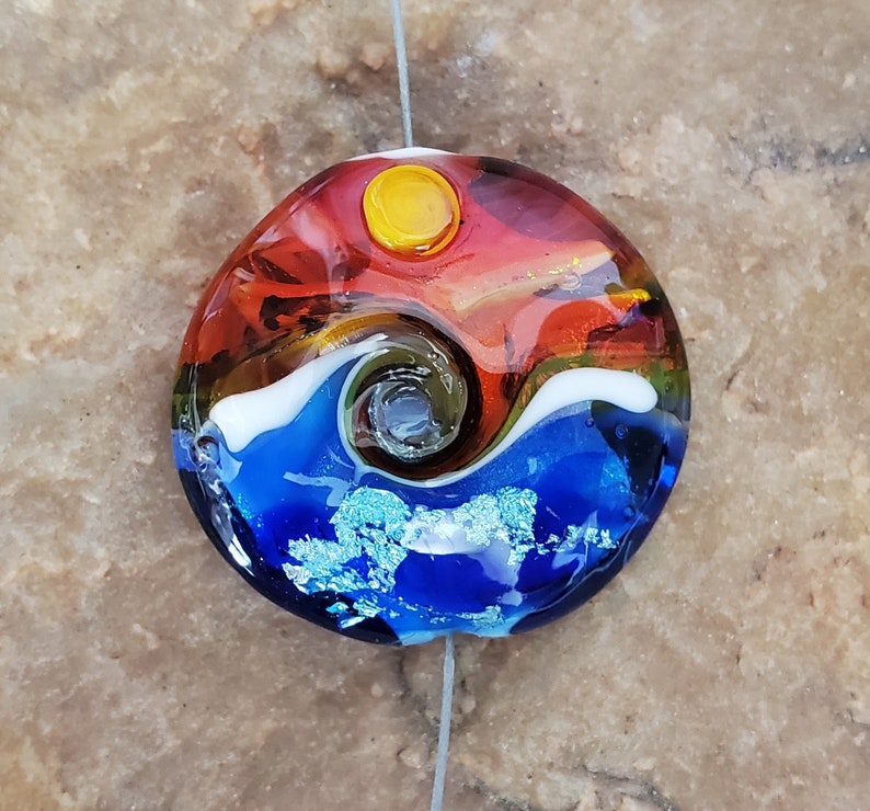 Seascape Lampwork Glass Focal Bead, Ocean Waves, Sunset SRA 336 image 3