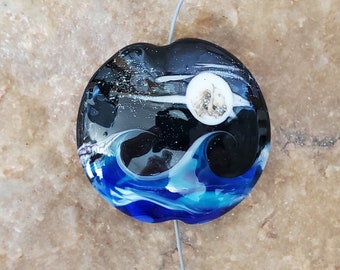 Seascape Lampwork Glass Focal Bead, Ocean Waves, Crescent Moon, Full Moon | SRA #340