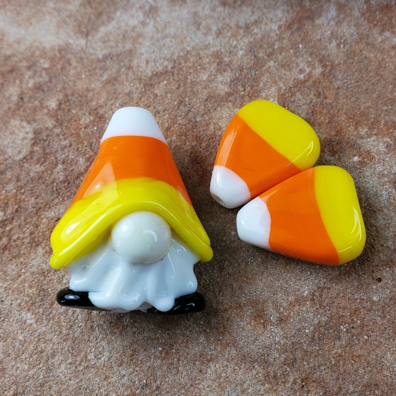 Glass Lampwork Beads, Halloween Beads, Candy Corn Gnome SRA 341 image 1