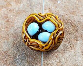 Birds Nest Glass Lampwork Beads, Light Blue Eggs, Focal Bead | SRA #225