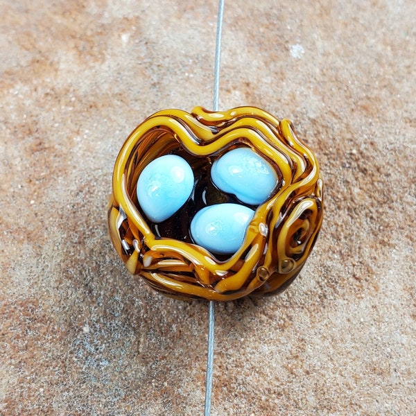 Birds Nest Glass Lampwork Beads, Light Blue Eggs, Focal Bead | SRA #225