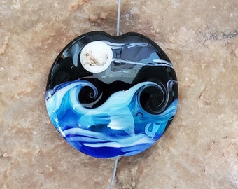 Seascape Lampwork Glass Focal Bead, Ocean Waves, Crescent Moon, Full Moon | SRA #338