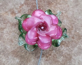 Rose Lampwork Glass Bead, Pink Open Rose Bead | SRA #282