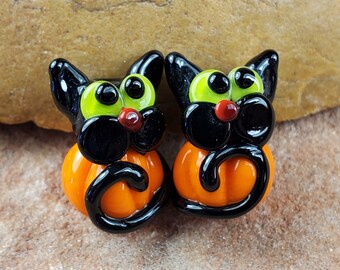 Pumpkin Kitty Lampwork Glass Beads, Halloween Earring Beads | SRA #383