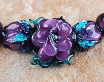 Glass Lampwork Beads, Pink/Purple Roses, Flower Beads, Rose Bud Beads | SRA #367