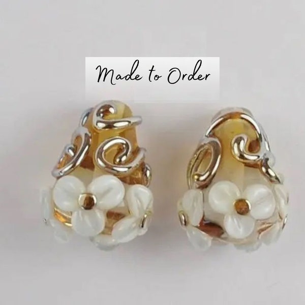 Lampwork Beads,  Glass Beads, Made To Order, cones, Ivory Flowers, Pairs, Scrolling, Earring Beads SRA #727 by CC Design