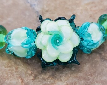 Glass Lampwork Beads, Teal/Lime/Green Roses, Flower Beads, Rose Bud Beads | SRA #345