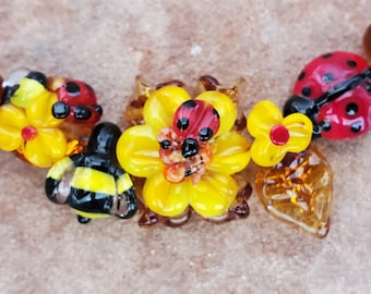 Garden Village Lampwork Glass Beads, Ladybugs, Bees, Flowers, | SRA #296