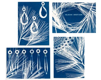 Set of 4 original cyanotype note cards with pine branches and chandelier prisms