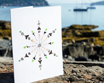 Seashell Snowflake Notecards - package of 5 - shell art, seashells, shark teeth, sea glass, green, black