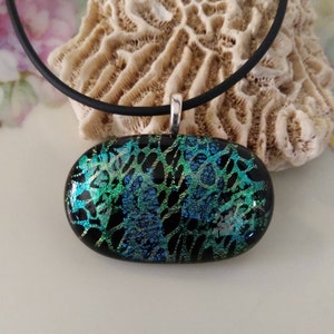Handmade Dichroic Jewelry Patterned Fused Glass Pendant.