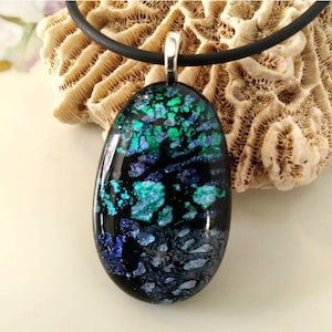 Handmade Dichroic Jewelry Patterned Fused Glass Pendant.