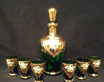 Vintage Bohemian Glass Cordial Set Emerald Green Gold Painted Decanter 6 Glasses