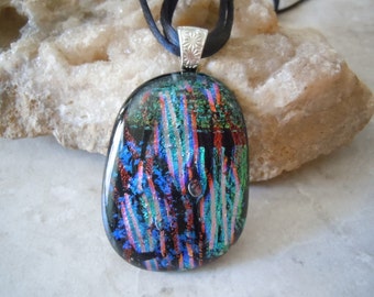 Extra Large Multiple Layer Dichroic Glass Jewelry, Fused Glass Jewelry, Vibrant Striped Pattern Art Glass Necklace. FP-68