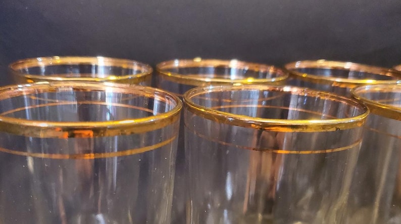 8 Vintage Libbey 1950s Gold Rim Glasses Single Band Blown Glass Tumblers image 10