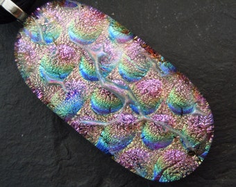 Handmade Jewelry. Textured Fused Dichroic Glass Pendant. Pastel Rainbow Radium. FP-59