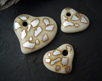 Vanilla and Fine Silver. Cast Glass Hearts Pendant Bead Set. Handmade Jewelry Supply. One Focal w Matching Beads.