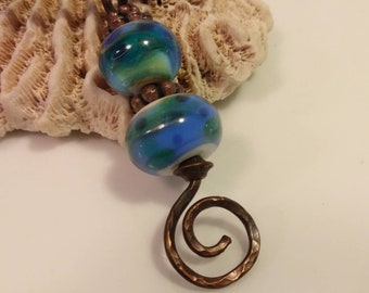 Handcrafted Lampwork Glass Bead n Copper Pendant - Blue Green