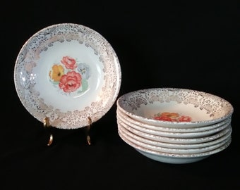8 Vintage Royal China in Moderne Fruit/Dessert Bowls 22k Filigree Floral
