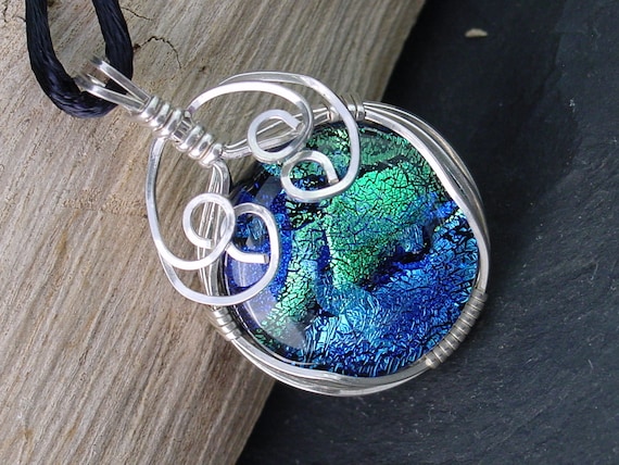 Fused Dichroic Glass Ball Cabochon Circular Pendant in Sterling Silver by SmithSilver