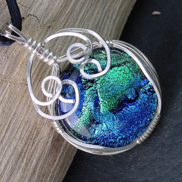 Dichroic Jewelry. Sterling Wrapped Fused Dichroic Glass Pendant. Mosaic Style. Apple. Blue. Teal.