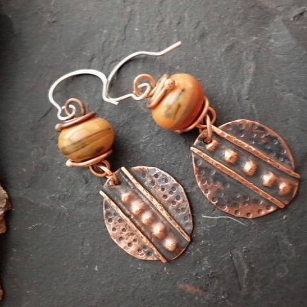 Handmade Jewelry Fold Formed Copper and Lampwork Dangle Earrings. 2.5 in.