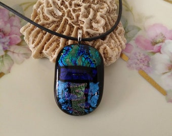 Handmade Dichroic Jewelry Textured Mosaic Style Fused Glass Pendant