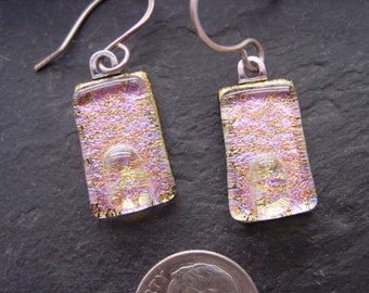 Spring Pink Pastel Fused Dichroic Glass Dangle Earrings. Handmade Jewelry. Gold Pink Blue. E-49