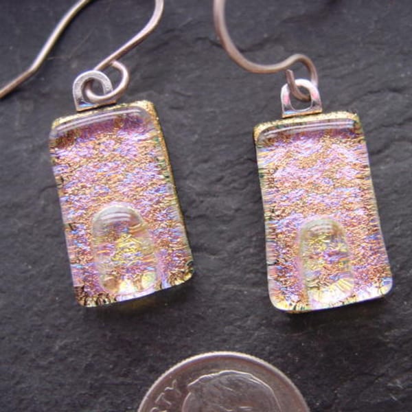 Spring Pink Pastel Fused Dichroic Glass Dangle Earrings. Handmade Jewelry. Gold Pink Blue. E-49