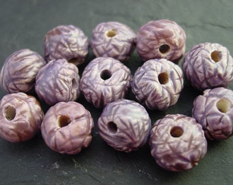 Purple and Reddish Brown Cross Hatch Texture. Handmade Ceramic Bead. Circular Shape with and  Glaze-Jewelry Supply