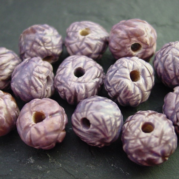 Purple and Reddish Brown Cross Hatch Texture. Handmade Ceramic Bead. Circular Shape with and  Glaze-Jewelry Supply