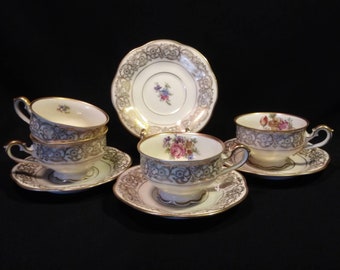 4 Tirschenreuth Cup n Saucers Gold Filigree and Floral 856/0 *MINT*