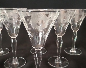 5 Vintage Cut Floral/Plant & Dot Designed Cordial Glasses