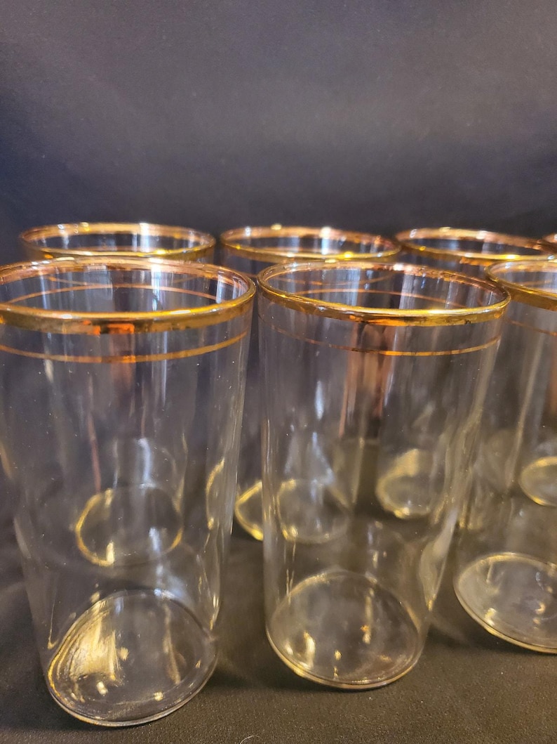 8 Vintage Libbey 1950s Gold Rim Glasses Single Band Blown Glass Tumblers image 9