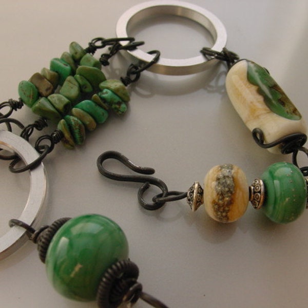 Sale. Lampwork Glass Link Bracelet. Recycled Computer parts w/ Blk Steel Wire and RCL-02