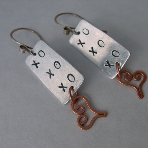 XO  XO  Message of Love Heart Dangle Earrings. Recycled Mixed Metals. RCE-04