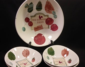 5 Pc 50s Ceramic Salad Serving Set Rooster Farm Scene Master + 4 bowls