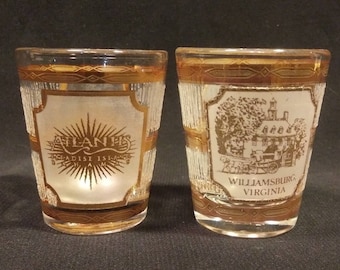 2 Vintage Culver Embossed Frosted Glass w 22K Gold Souvenir Shot Glasses