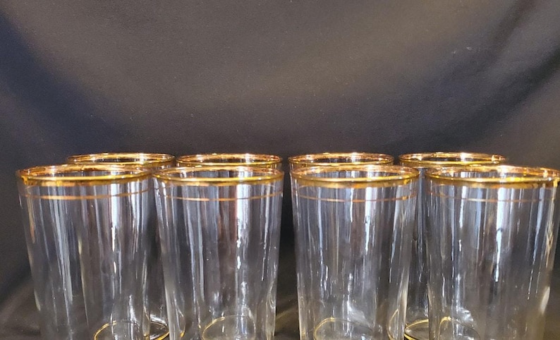 8 Vintage Libbey 1950s Gold Rim Glasses Single Band Blown Glass Tumblers image 6