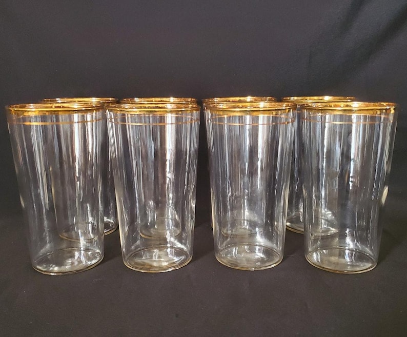 8 Vintage Libbey 1950s Gold Rim Glasses Single Band Blown Glass Tumblers image 2