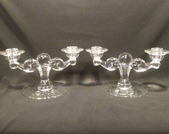 2 Vintage Double Candlestick Holders Tiffin Franciscan in Byzantine Clear