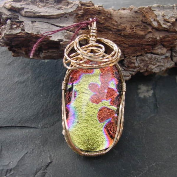 SALE 50% Off.  Red and Gold Fused Dichroic Glass Wrapped in 14k Gold Filled Wire Autumns Fire GN40