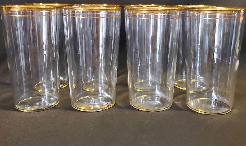 8 Vintage Libbey 1950s Gold Rim Glasses Single Band Blown Glass Tumblers image 7