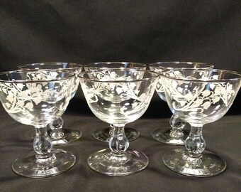 2 NOS Vintage Colony Etched Lily of the Valley Glass Sherbet Champagne Coupe 