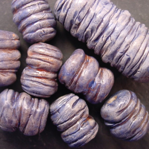 Handamde Ceramic Bead set of 8 with Focal Bead-Cylindrical Shape with Grooves and Blue and Reddish Brown Glaze-Jewelry Supply