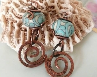 Handmade Lampwork Glass Beads n Recycled Copper Earrings Turquoise Spirals
