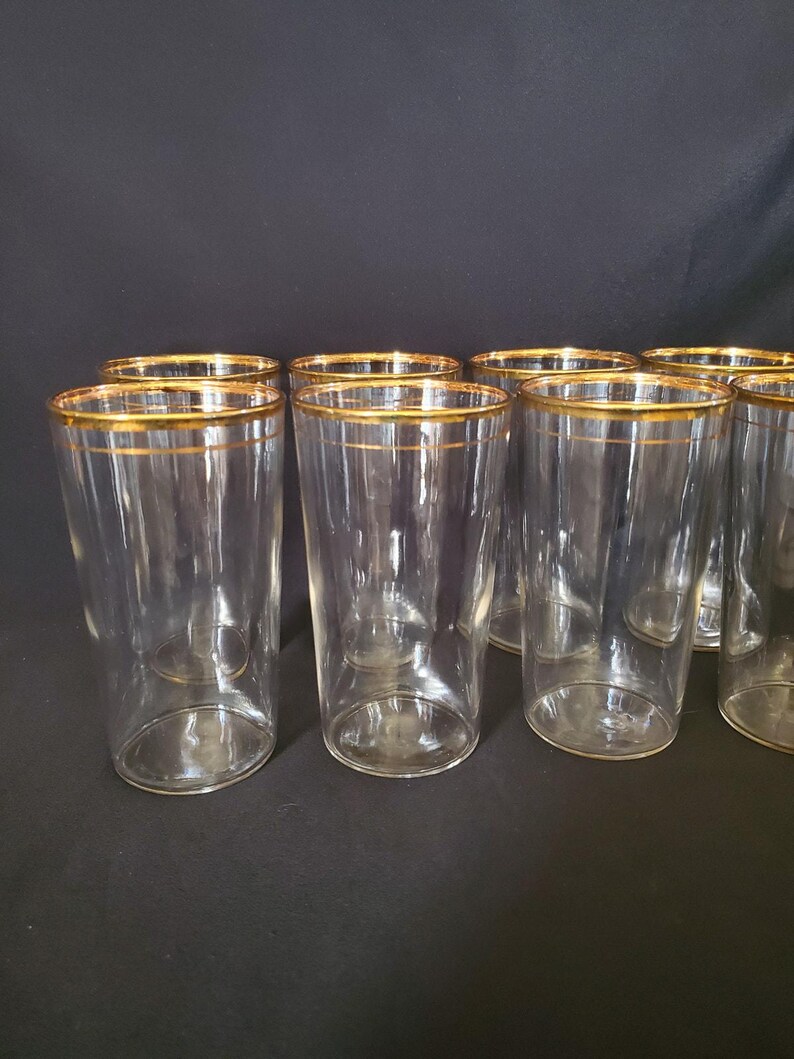 8 Vintage Libbey 1950s Gold Rim Glasses Single Band Blown Glass Tumblers image 3